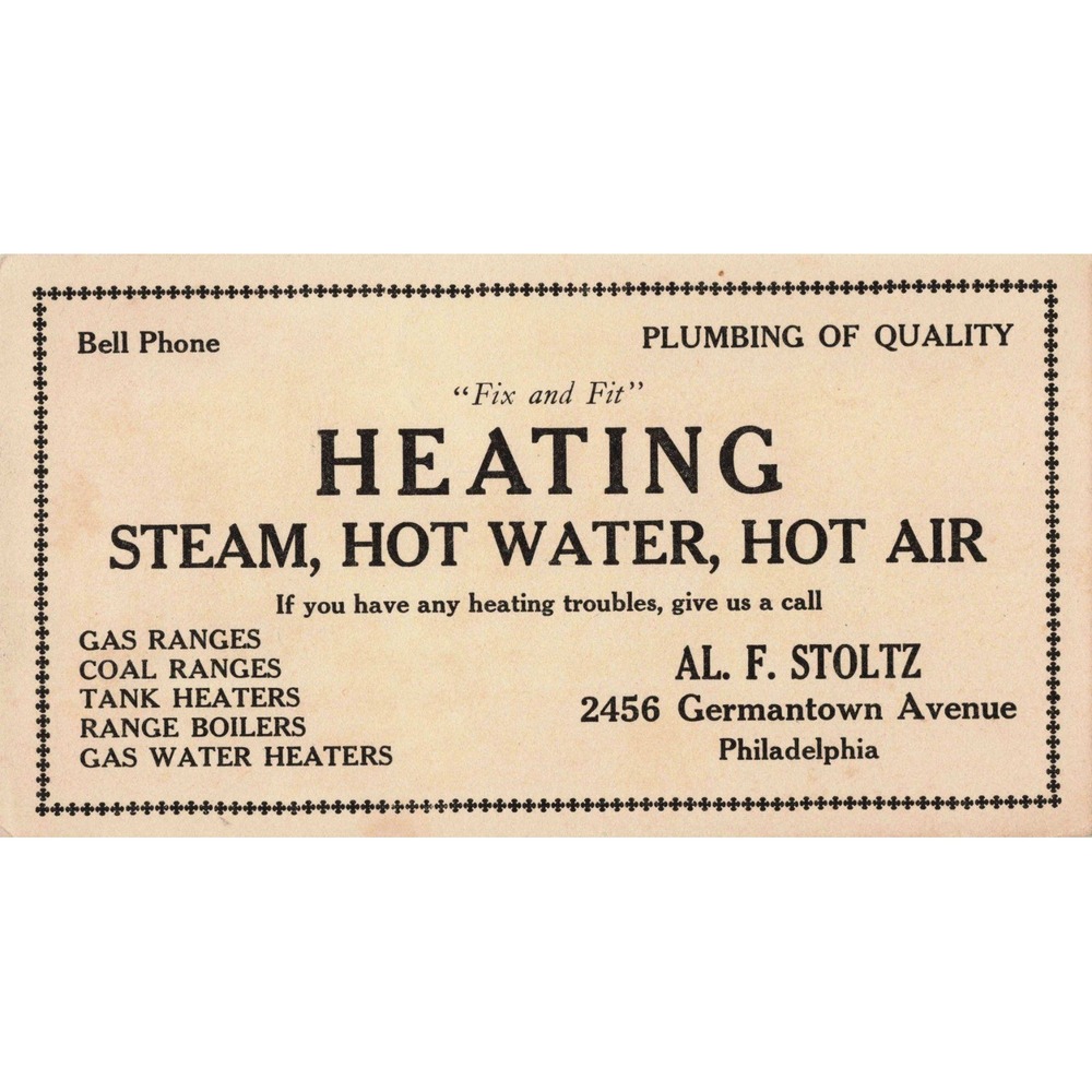 Vintage Trade Card Al F Stoltz Plumbing Heating Philadelphia PA - Picture 1 of 2